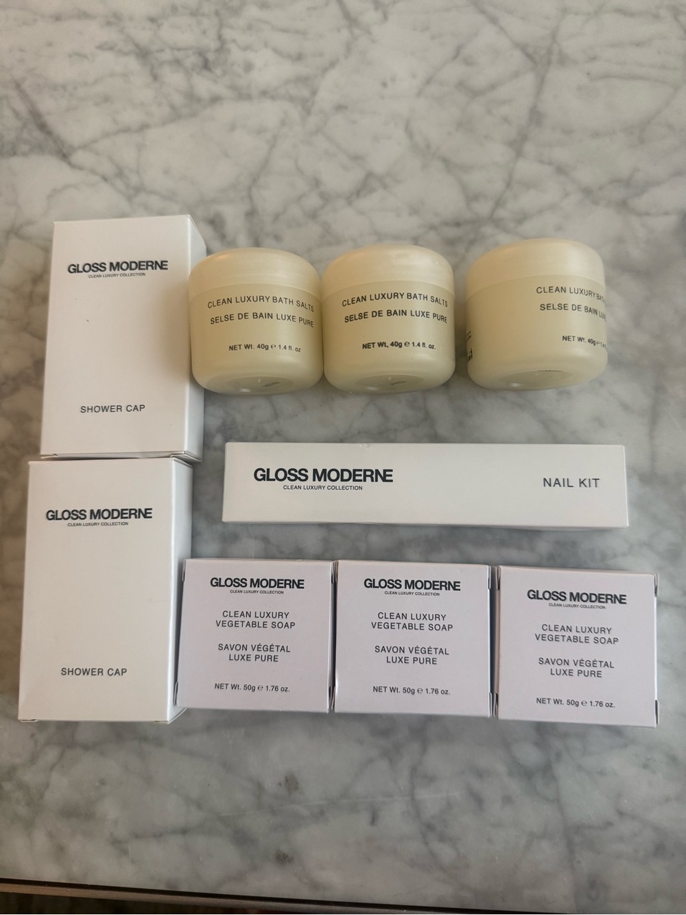 NEW Montage Hotel Gloss Moderne Luxury Amenity Lot Bath Salts Soaps Nail Kit New